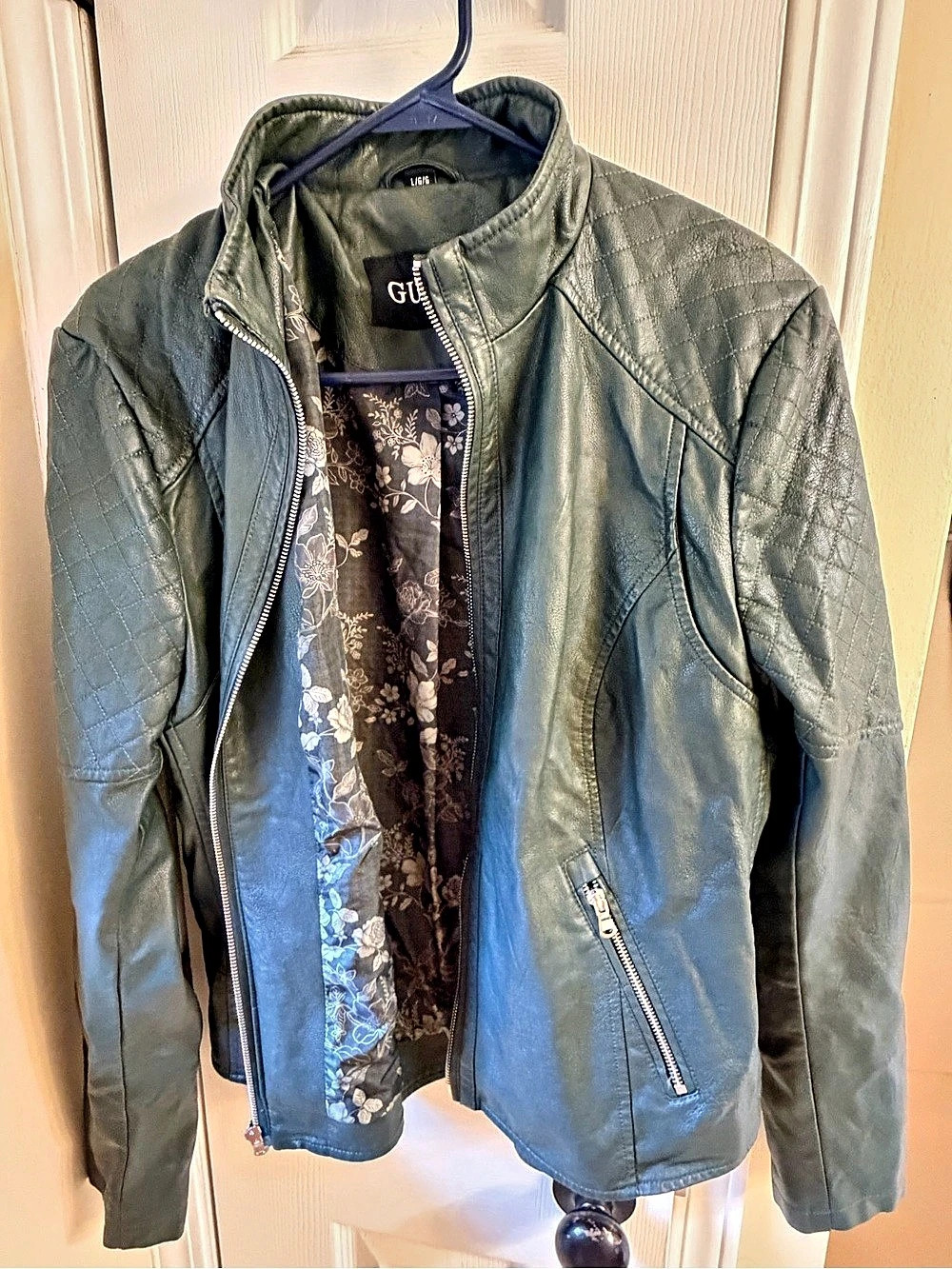 GUESS Green Faux Leather Floral Moto Jacket